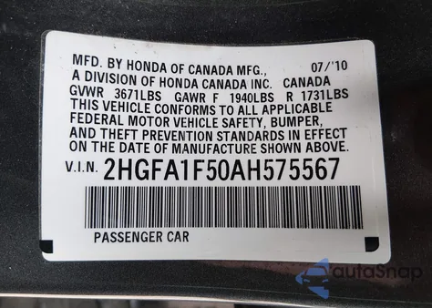 2010 Honda Civic Lx from USA, damaged, VIN 2HGFA1F50AH575567